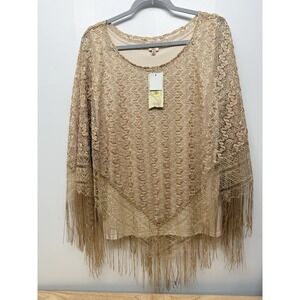 Reba Woman 2X Gold Lace Fringe Poncho Top Sheer Overlay Holiday Boho Chic #48